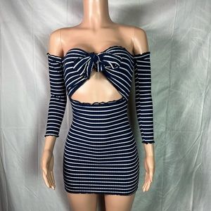 Navy blue striped long sleeve off the shoulder mini dress